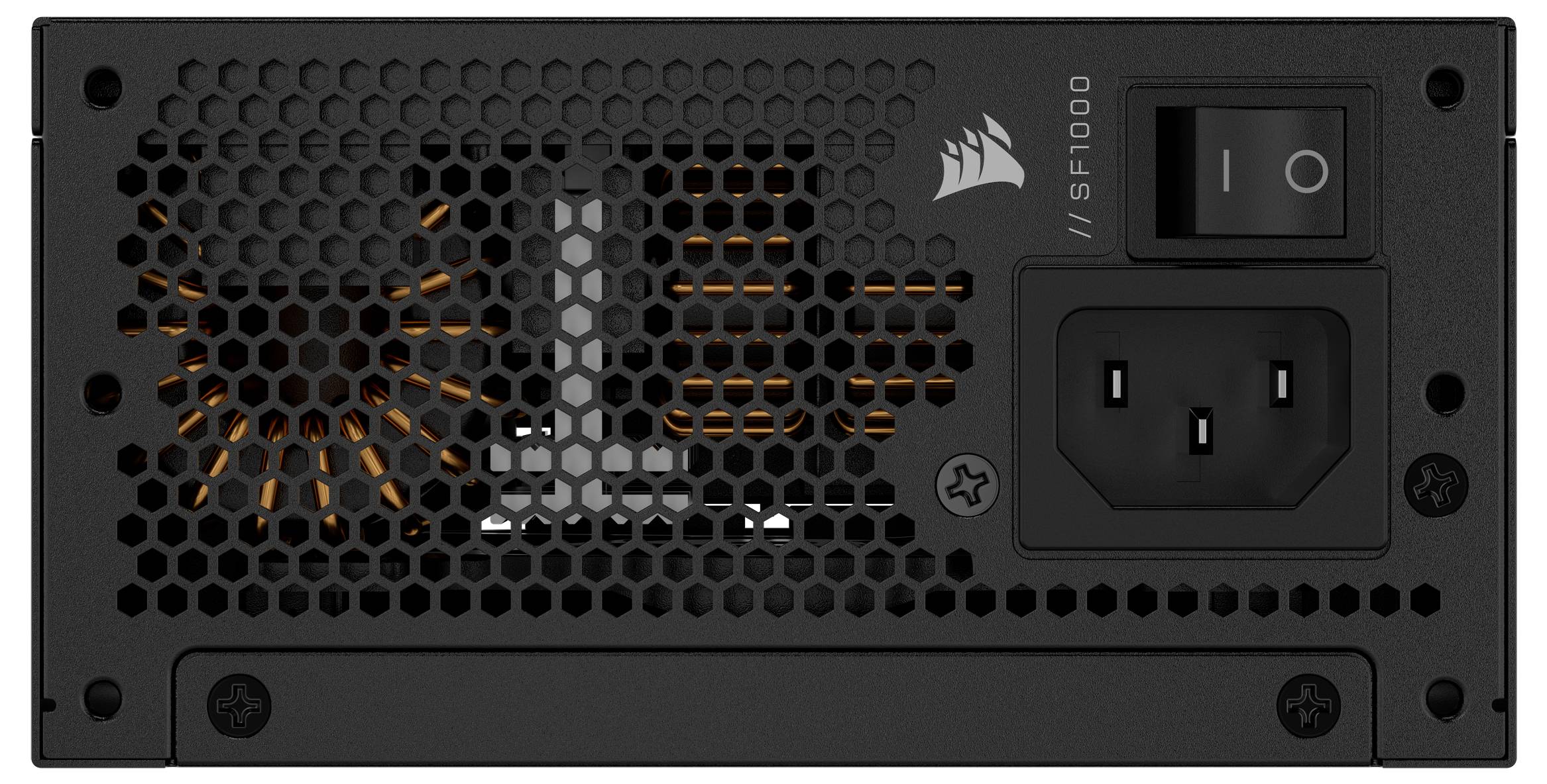 Frontansicht einer Computernetzteils mit einem Lüftungsgitter, Netzschalter und Netzstecker, mit der Bezeichnung „SF1000".