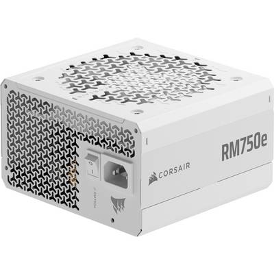 Eine weiße Corsair RM750e Netzteileinheit mit Lüftungsgitter und Netzschalter, die für die Bereitstellung von 750 Watt Elektrizität für einen Computer ausgelegt ist.