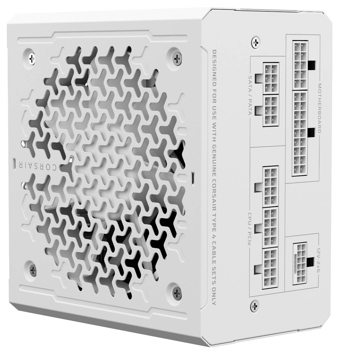 Ein weißes Computer-Netzteil mit mehreren Anschlüssen, die mit "Motherboard", "CPU/PCIe" und "SATA/PATA" beschriftet sind.