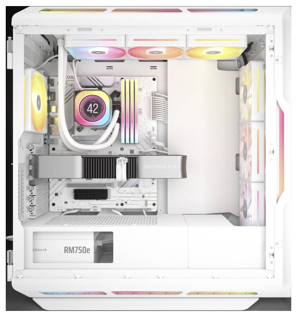 Ein weißer Desktop-Computer mit RGB-Beleuchtung, ausgestattet mit einer GeForce RTX Grafikkarte und Corsair-Komponenten, einschließlich eines hervorgehobenen CPU-Kühlers.