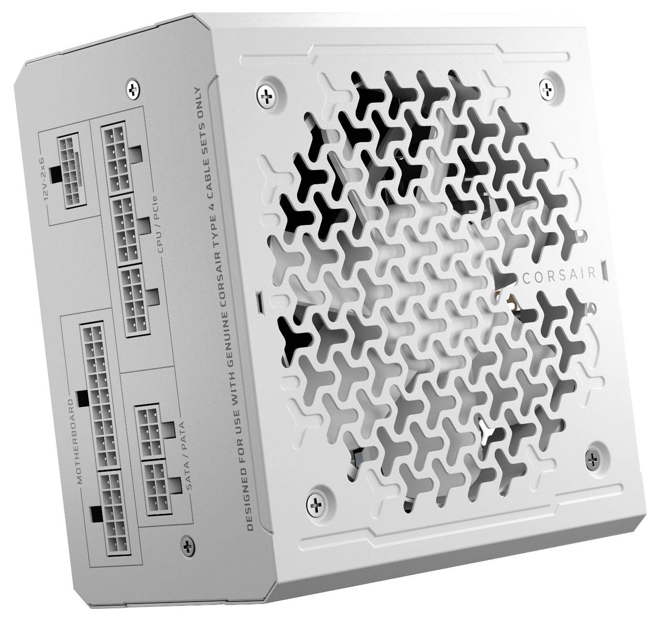 White Corsair RM850x Netzteil mit Wabengitter-Lüftungsdesign, mehrere Anschlüsse beschriftet für SATA, CPU und Mainboard.