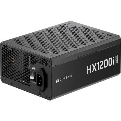 Eine schwarze Corsair HX1200i Netzteileinheit mit einem Wabenmuster zur Belüftung. Die Einheit verfügt über einen Netzschalter und eine Netzeingangsbuchse.