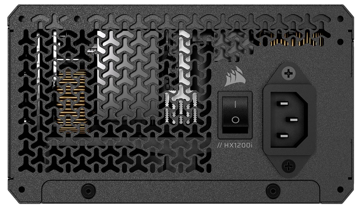 Bild einer Computernetzteils (Netzteil) mit einem Lüftungsgitter, Netzschalter und AC-Eingangsbuchse. Modell 'HX1200i' ist sichtbar.