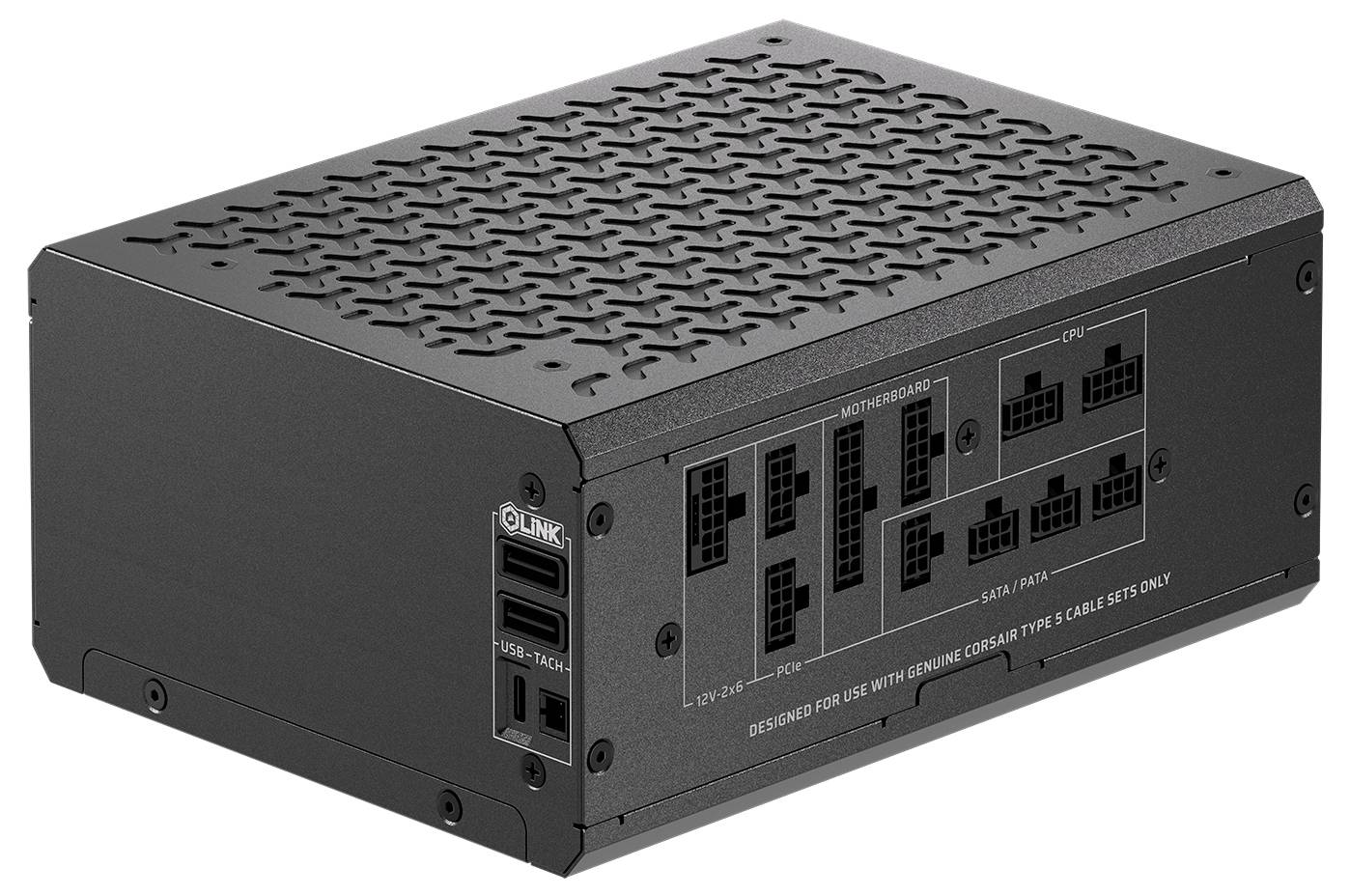 Ein schwarzes modulares Computer-Netzteil mit verschiedenen beschrifteten Anschlüssen für Mainboard- und CPU-Verbindungen. Entwickelt für individuelle Kabelsets.