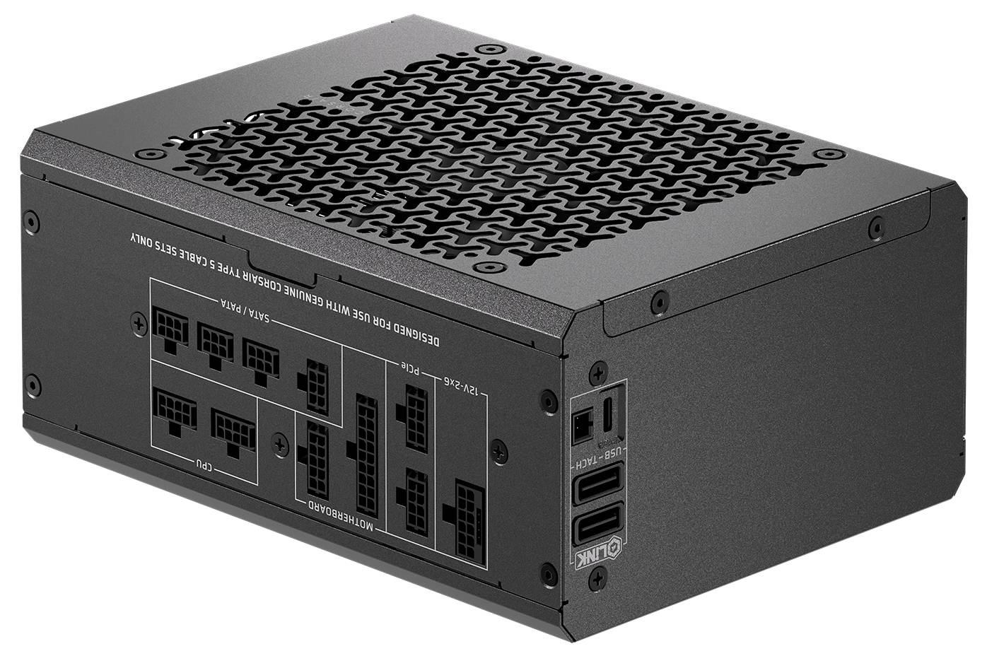 Schwarzes Netzteil mit verschiedenen Anschlüssen und einem Gitterdeckel zur Belüftung.