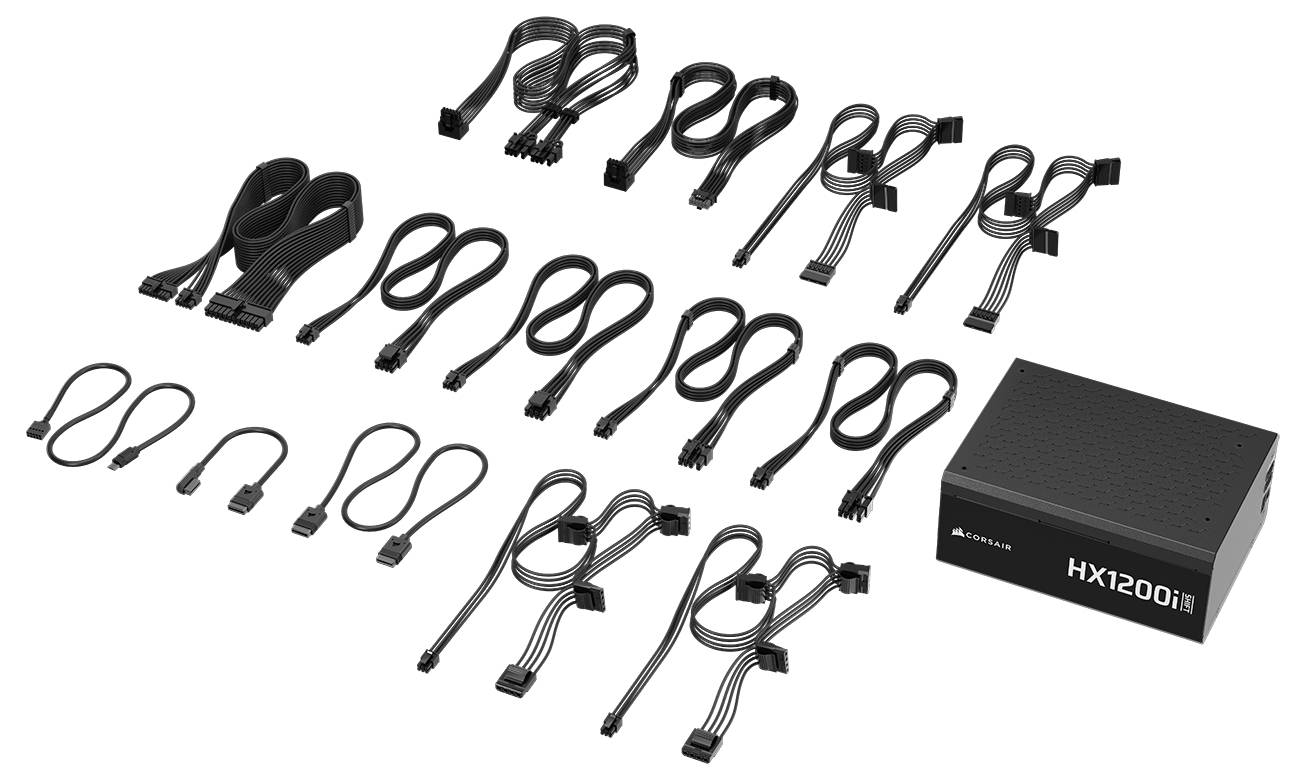 Netzteil 'Corsair HX1200i' mit verschiedenen schwarzen Kabeln, die in einem Rastermuster angeordnet sind und verschiedene Anschlusstypen präsentieren.