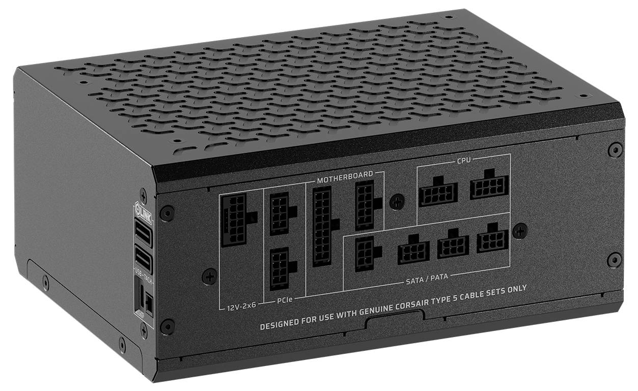 Modulares Computer-Netzteil mit beschrifteten Anschlüssen für "Mainboard", "CPU", "12V-24G, PCIe" und "SATA/PATA", entwickelt für spezifische Kabelsätze.