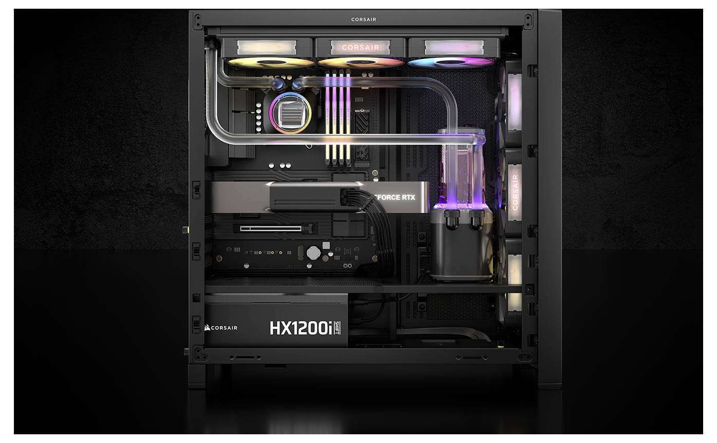 Ein Desktop-Computer mit sichtbaren Komponenten wie dem Corsair HX1200i-Netzteil, einer GeForce RTX-Grafikkarte und RGB-Beleuchtung.