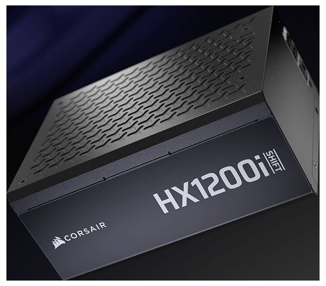 Corsair HX1200i Shift Netzteil, teilweise geneigt, mit einer dunklen gemusterten Oberfläche und markanter Markierung.