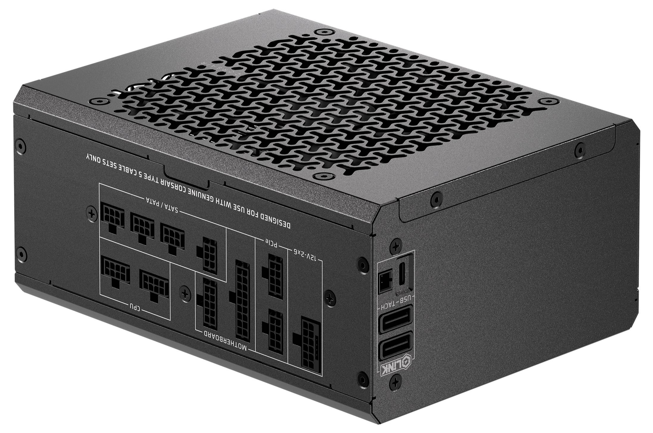 Eine schwarze Computer-Netzteileinheit mit mehreren Anschlussports, Kühlungsöffnungen und gekennzeichneten Eingabe-/Ausgabeabschnitten für Kabel.