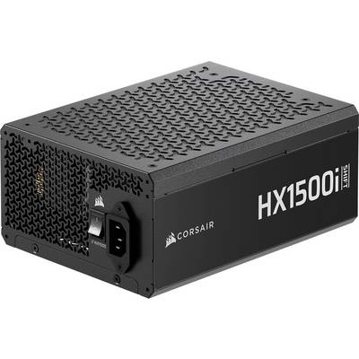 Eine schwarze Corsair HX1500i Shift Netzteileinheit mit einem Netzschalter und IEC-Anschluss, die an der Seite ein Netzdesign aufweist.
