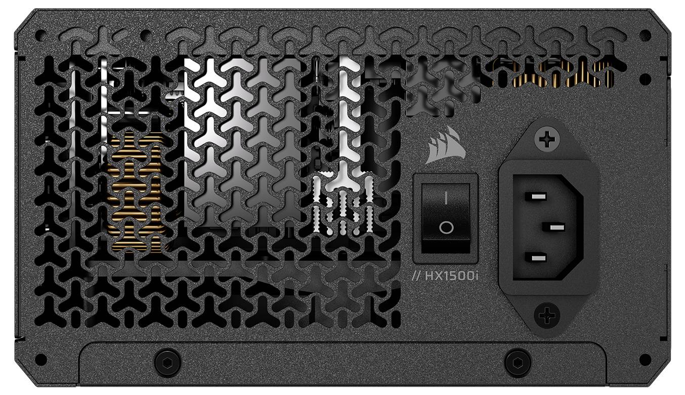 "Corsair HX1500i Netzteil" mit Rückansicht, auf der der Netzschalter, der Netzeingang und die Belüftung zu sehen sind.