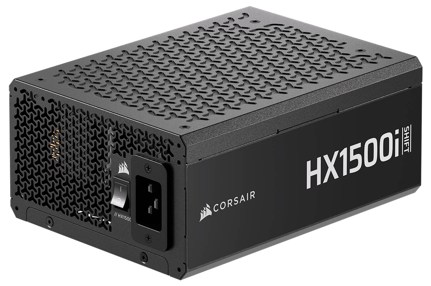Eine schwarze Corsair HX1500i Netzteil-Einheit, die Netzanschlüsse und eine Lüftungsöffnung zeigt. Das Markenlogo auf der Seite.