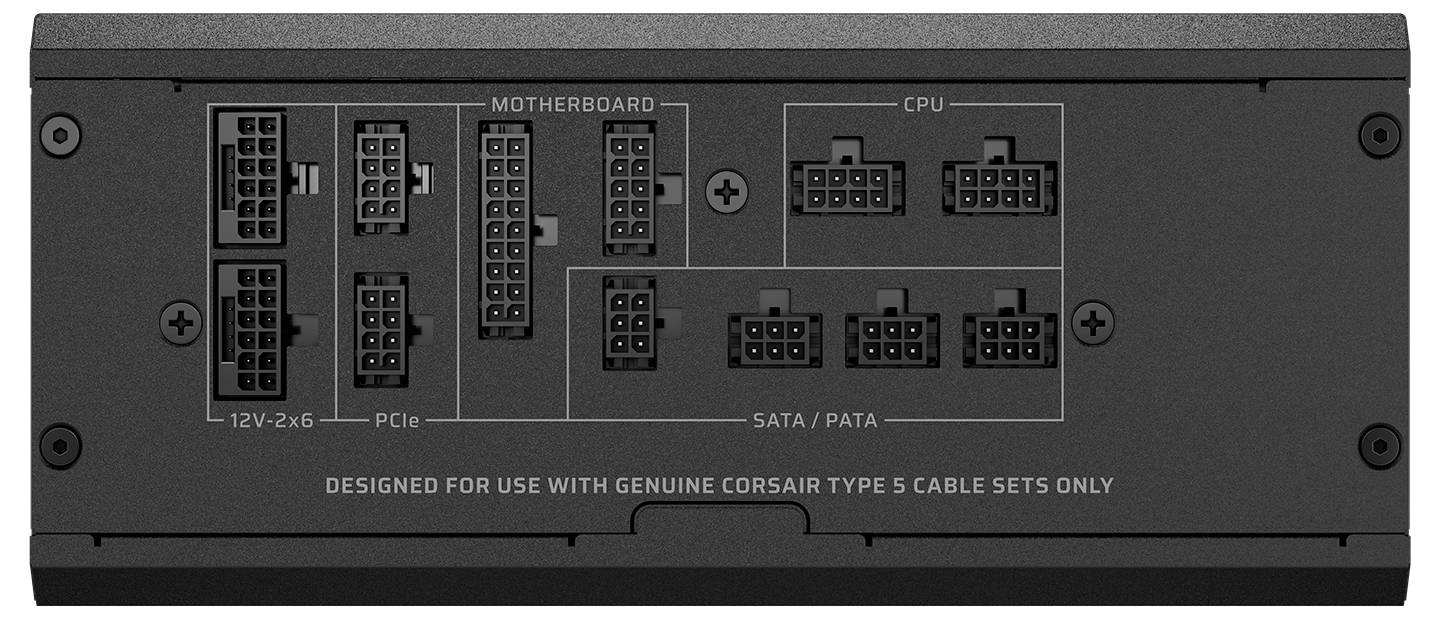 Netzteil mit Anzeige von Motherboard, CPU, PCIe und SATA/PATA Anschlussports. Beschriftet nur für Corsair Type 5 Kabelsätze.