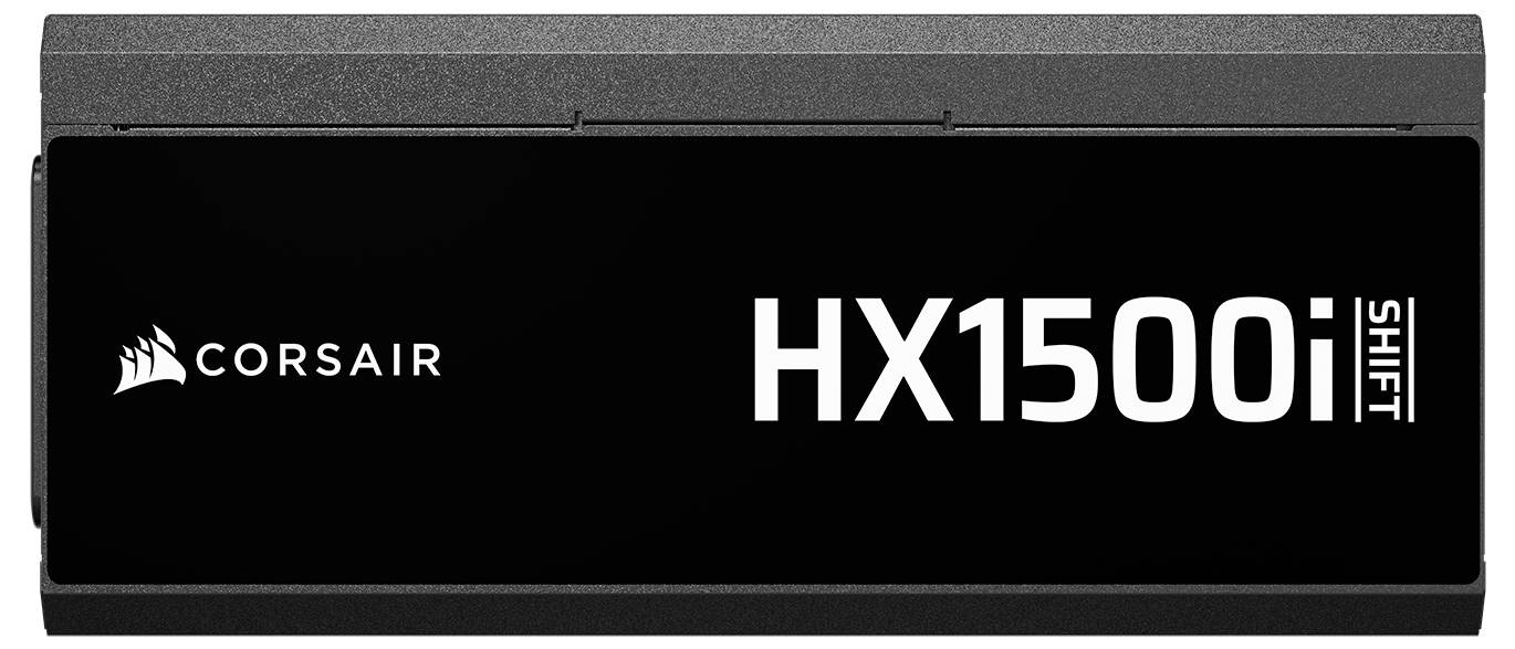 'Corsair HX1500i Shift' Netzteil, schwarzes Gehäuse mit weißem Logo und Text.