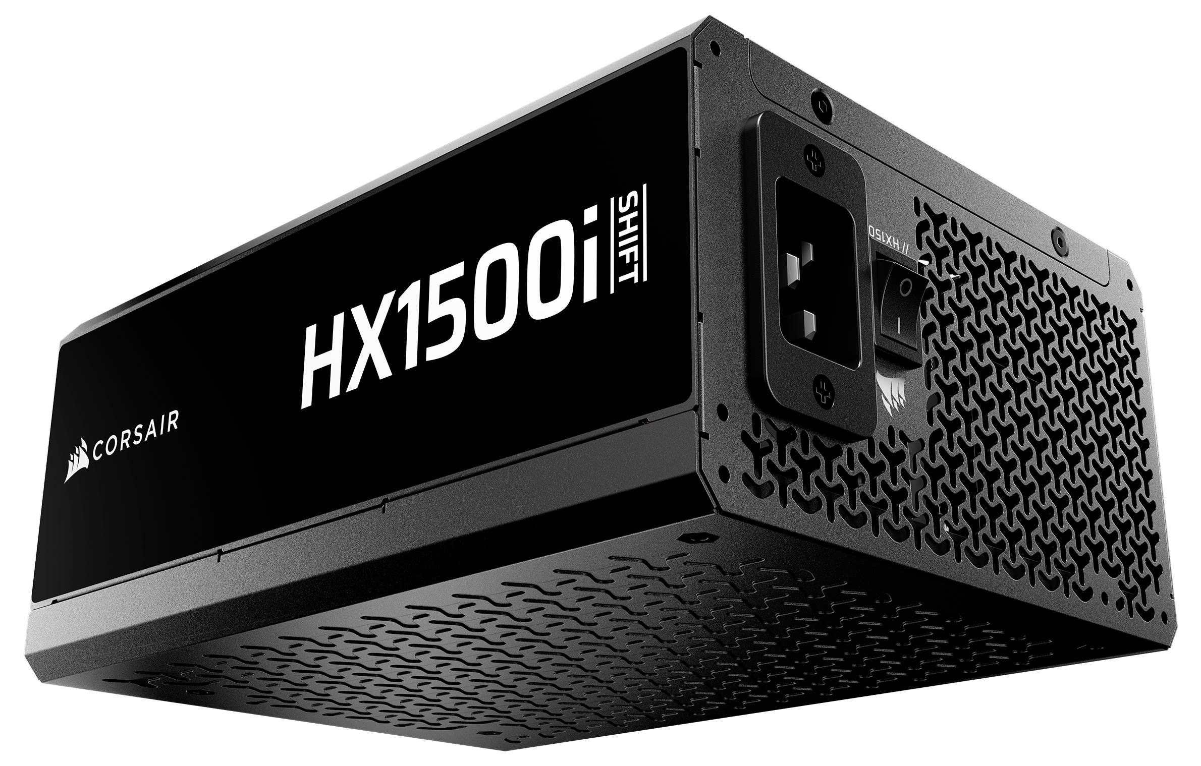 'Corsair HX1500i Shift' Netzteil, schwarz und rechteckig mit einem Gitterdesign und einem Stromanschluss an der Seite.