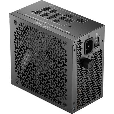 Eine schwarze Computer-Netzteileinheit mit Netzdesign, die Stromstecker und einen Schalter zeigt, mit der Markenbezeichnung "Corsair" an der Seite.