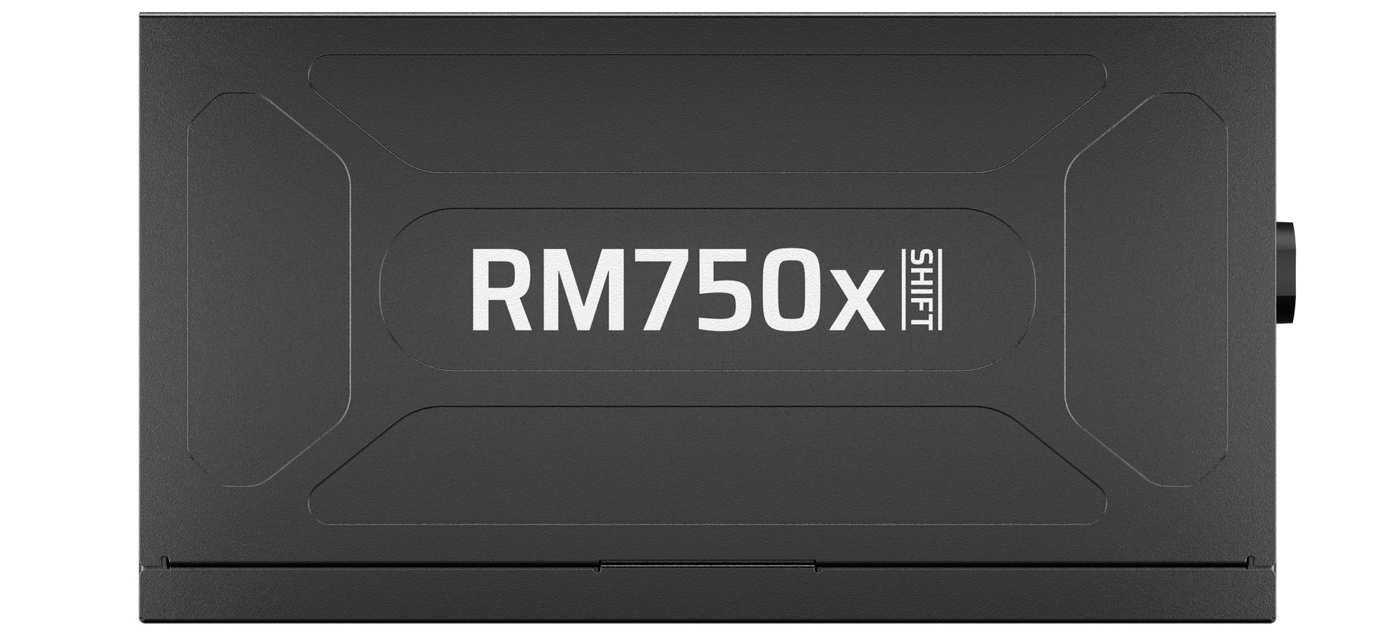 Netzteil mit der Bezeichnung 'RM750x Shift', das ein rechteckiges schwarzes Gehäuse mit minimalistischem Design aufweist.
