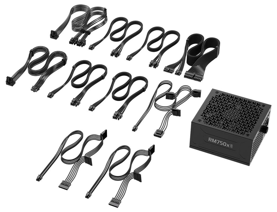 Modulares Netzteil mit mehreren schwarzen Kabeln, die in Reihen angeordnet sind. Das Gerät ist mit 'RM750x' beschriftet und für den Aufbau eines Computers konzipiert.