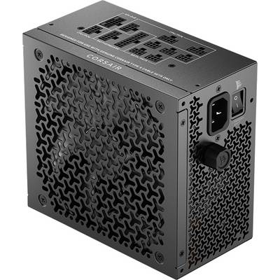 Eine schwarze Computer-Netzteileinheit mit mehreren Anschlüssen und einem Lüfter, gekennzeichnet mit der Marke 'Corsair'. Geeignet für Desktop-Computeraufbauten.