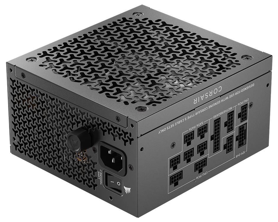 Ein Corsair-Netzteil mit mehreren Eingangsbuchsen und einem Netzschalter, entwickelt für Computersysteme, ausgestattet mit modularen Kabeln.