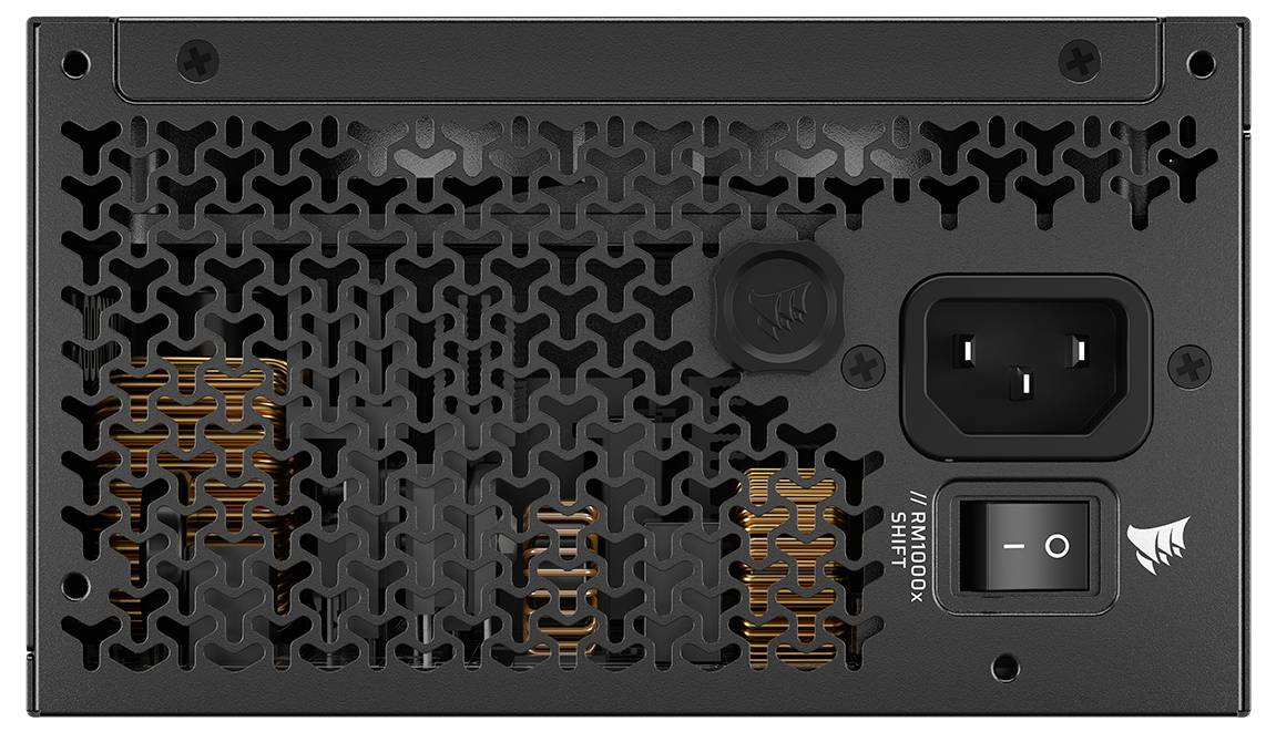 Das Bild zeigt die Rückansicht eines Netzteils für einen Computer mit einer belüfteten Gitterabdeckung, einer Netzeingangsbuchse und einem Ein-/Ausschalter.