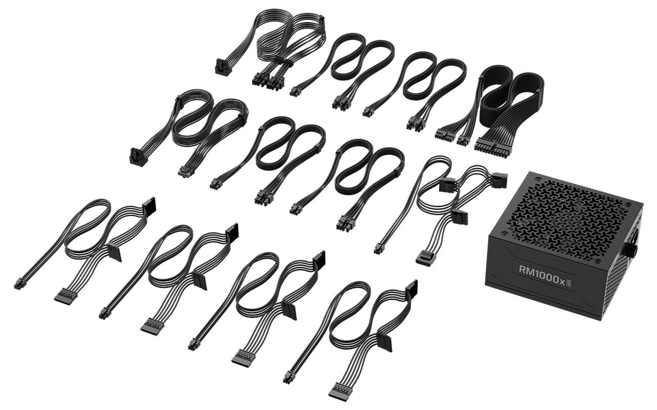 Ein Netzteil (PSU) mit der Bezeichnung 'RM1000e', um das herum mehrere schwarze Kabel angeordnet sind, darunter SATA-, PCIe- und Mainboard-Anschlüsse.