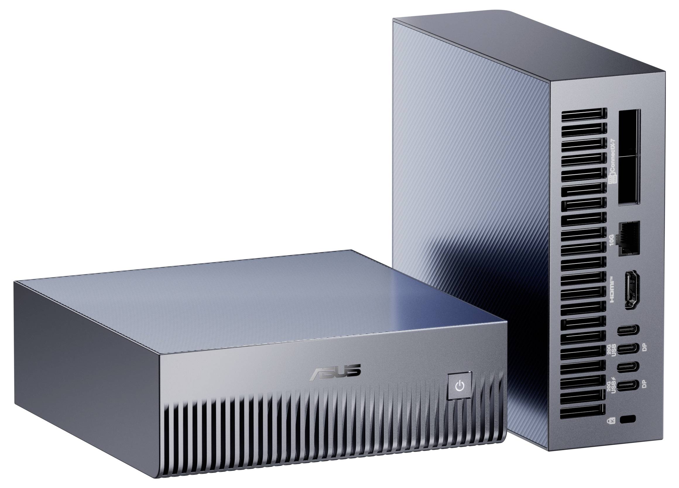 Ein kleiner Desktop-Computer mit minimalistischem Design, nutzbar in horizontaler und vertikaler Position, ausgestattet mit mehreren Anschlüssen und einem Powerknopf.