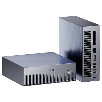 Ein kleiner Desktop-Computer mit minimalistischem Design, nutzbar in horizontaler und vertikaler Position, ausgestattet mit mehreren Anschlüssen und einem Powerknopf.
