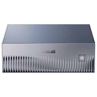 Ein kompakter metallischer ASUS Mini-PC mit einer strukturierten Ober- und Vorderseite, ausgestattet mit einem Einschaltknopf an der rechten Seite.