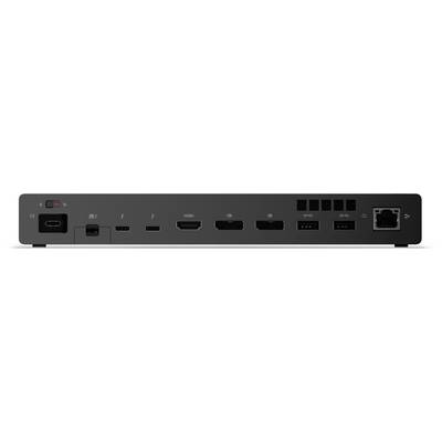 Das Bild zeigt die Rückseite eines Multimediageräts mit verschiedenen Anschlüssen, darunter USB, HDMI, Ethernet und Stromanschluss, für Konnektivität.