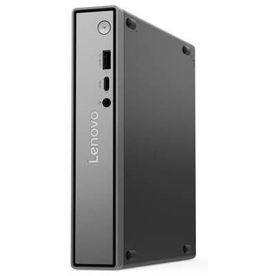 Ein kompakter Lenovo-Computerturm in vertikaler Ausrichtung, der Frontanschlüsse für USB und Kopfhörer zeigt.
