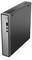 Ein kleiner, schlanker schwarzer Lenovo ThinkCentre Desktop-Computer mit mehreren Anschlüssen auf dem Frontpanel, der in vertikaler Ausrichtung gezeigt wird.