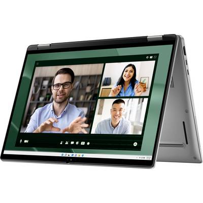 Ein Laptop im Tablet-Modus zeigt einen Videoanruf mit drei lächelnden und sprechenden Personen und unterstreicht damit Kommunikation und Zusammenarbeit.