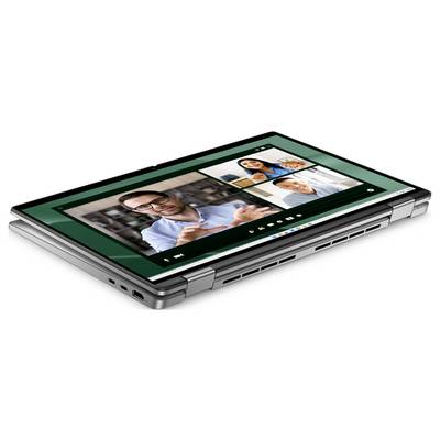 Ein Laptop im Tablet-Modus zeigt eine Videokonferenz mit vier Personen.
