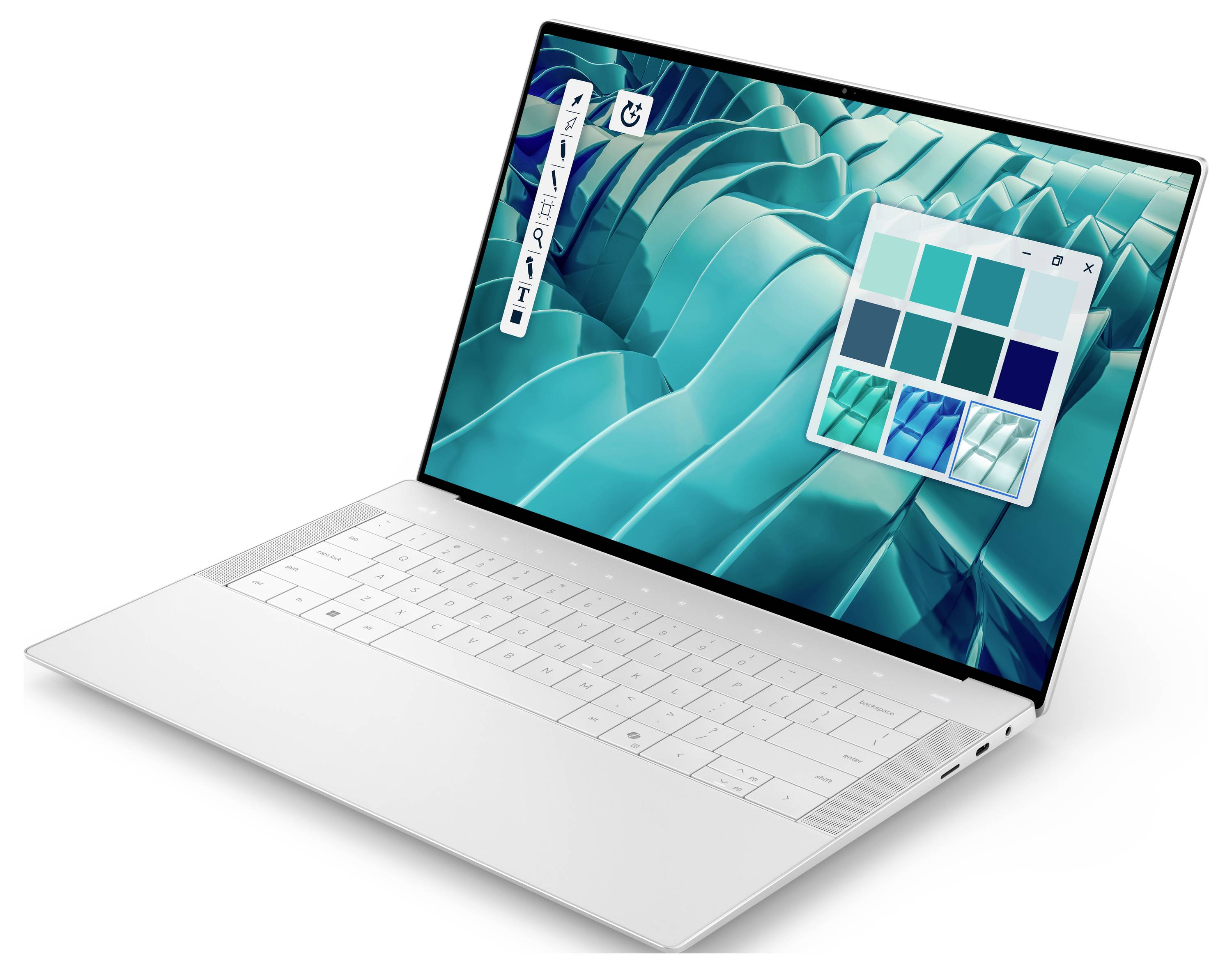 Ein schlanker, offener Laptop mit weißer Tastatur, der eine Farbauswahl-Palette auf seinem Bildschirm über einem türkisfarbenen geometrischen Hintergrund zeigt.