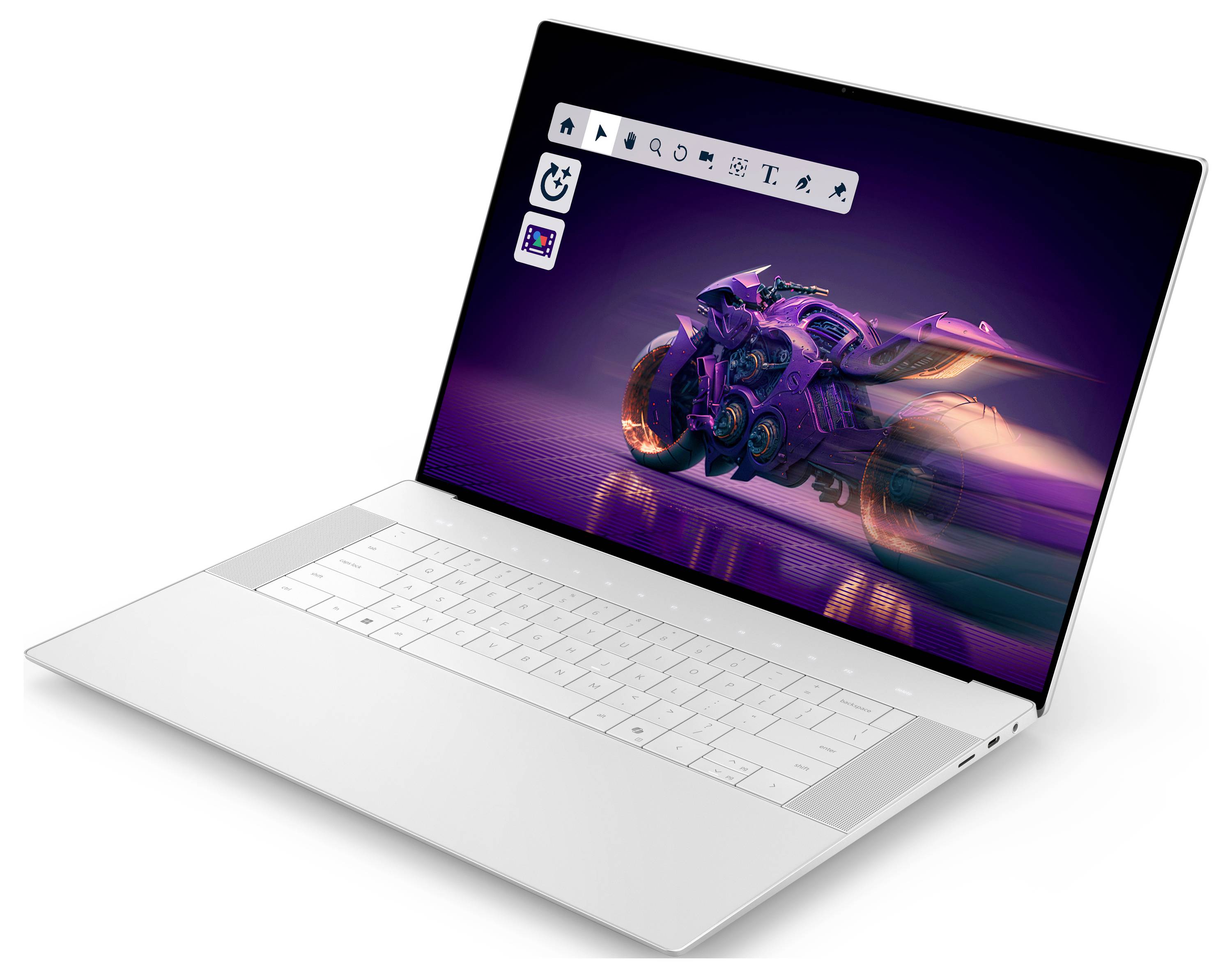 Ein schlanker, silberner Laptop, der auf seinem Bildschirm futuristische Motorradkunstwerke zeigt und dabei digitale Kreativität und modernes Design hervorhebt.