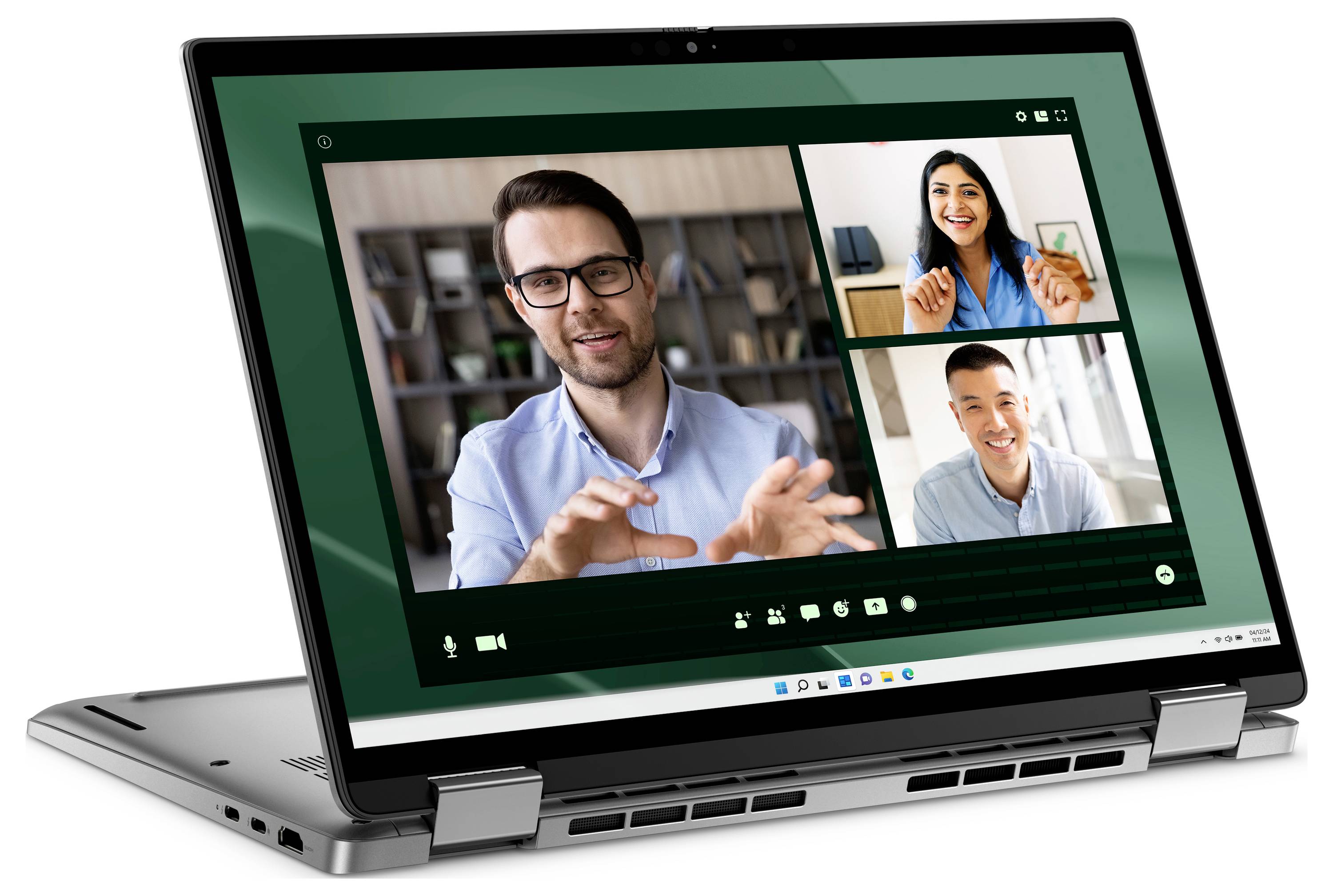 Ein Convertible-Laptop im Tablet-Modus zeigt einen Videokonferenz-Anruf mit drei lächelnden Teilnehmern auf dem Bildschirm.