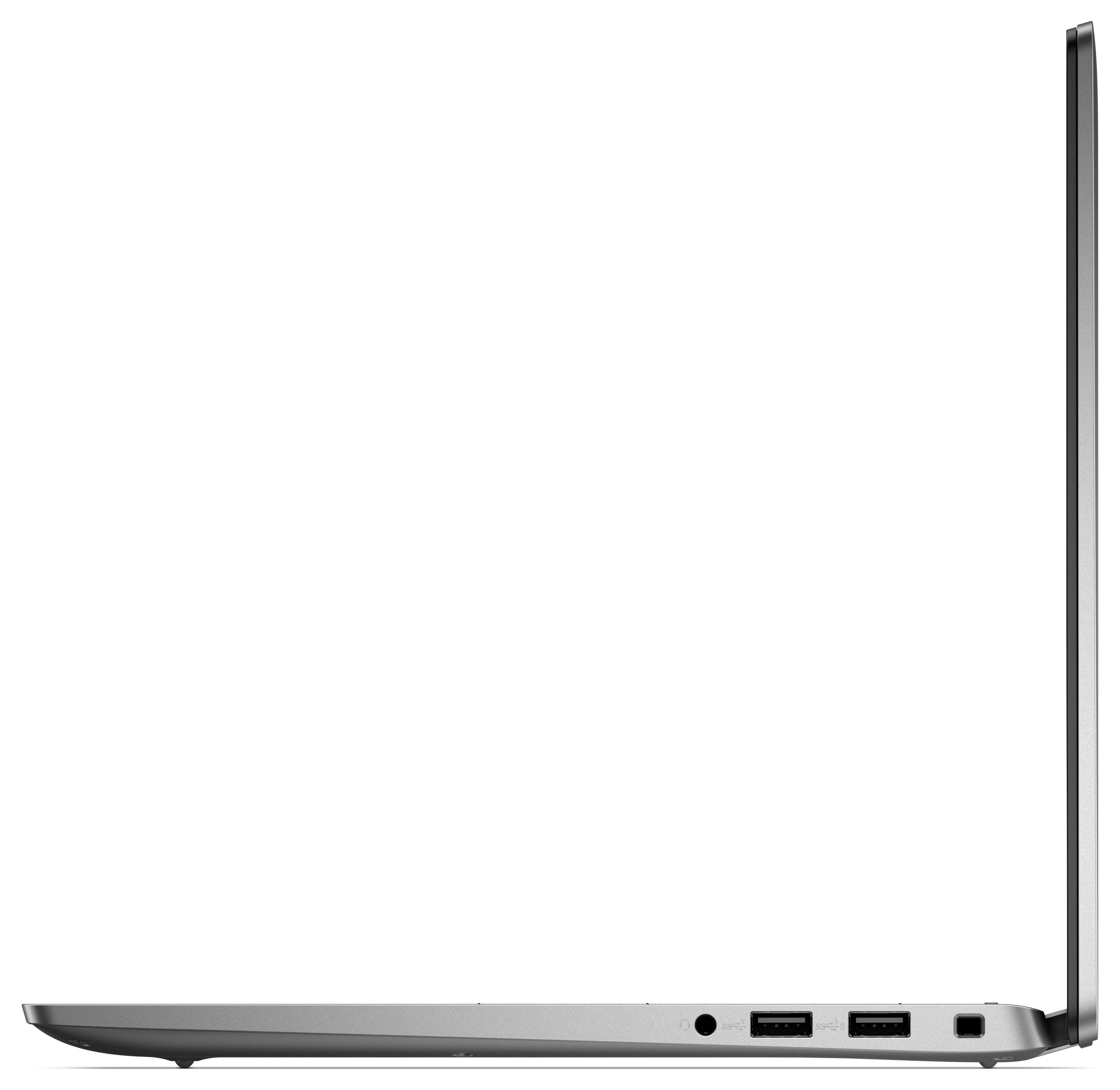 Ein schlanker, offener Laptop aus der Seitenansicht, der USB-Anschlüsse und ein elegantes Design zeigt.