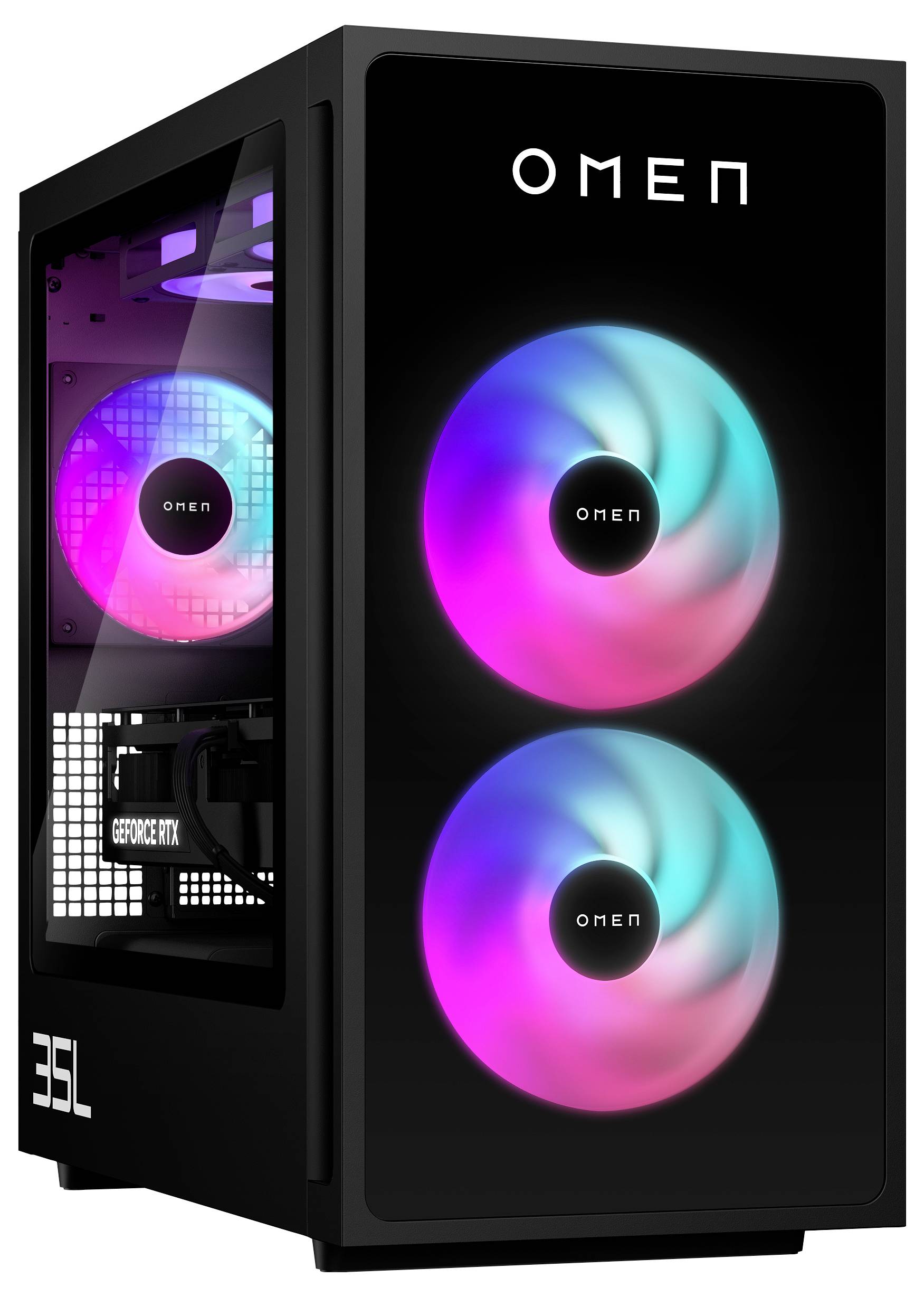 Ein schwarzer Computer-Tower mit transparentem Seitenpanel, der zwei RGB-beleuchtete Kühlventilatoren und sichtbare Innenkomponenten zeigt, mit der Markenbezeichnung "Omen" auf der Vorderseite.