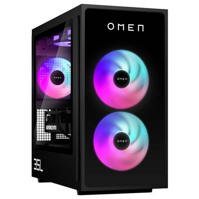 Ein schwarzer Computer-Tower mit transparentem Seitenpanel, der zwei RGB-beleuchtete Kühlventilatoren und sichtbare Innenkomponenten zeigt, mit der Markenbezeichnung "Omen" auf der Vorderseite.