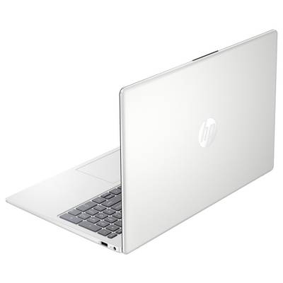 Silberner Laptop mit offener Klappe, die die Tastatur zeigt. Das HP-Logo ist auf der Rückseite des Bildschirms sichtbar.