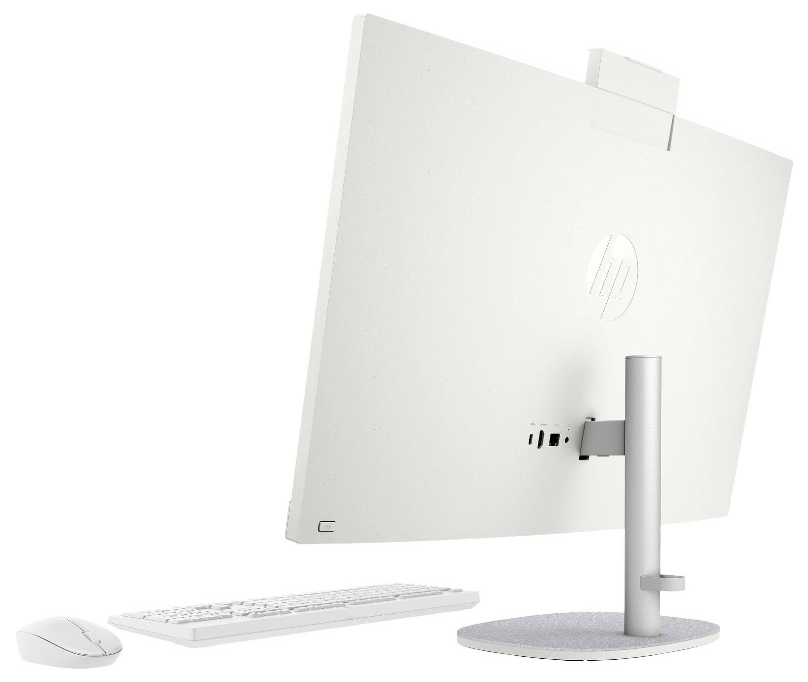 Seitenansicht eines eleganten, modernen Computerarbeitsplatzes mit einem großen Monitor, Tastatur und Maus auf einem minimalistischen Ständer, alles in Weiß.