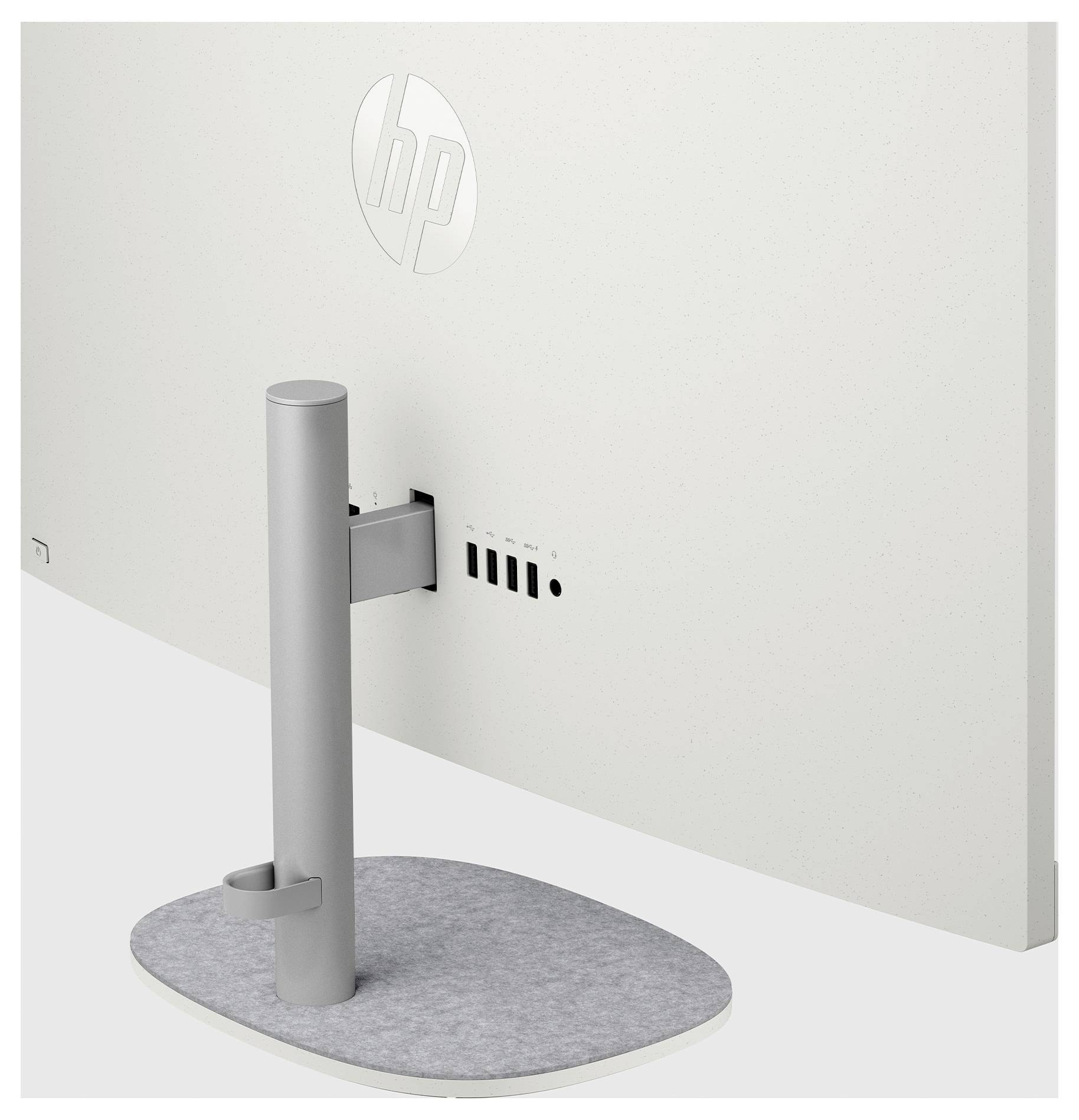 Das Bild zeigt die Rückseite eines HP-Computermonitors und hebt dessen schlanken, modernen Ständer sowie das HP-Logo auf dem Rückenpanel hervor.