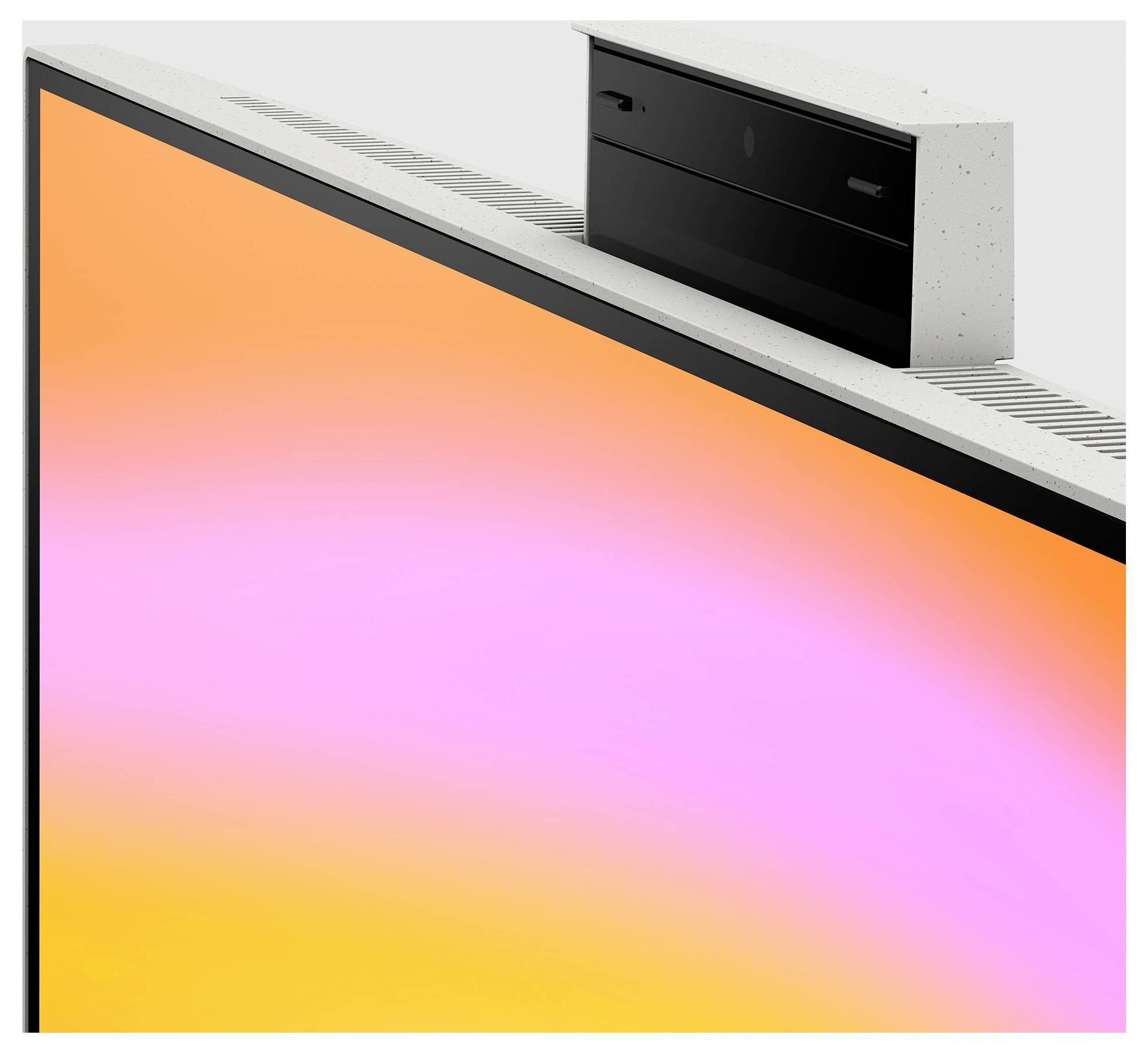 Ein großer, flacher, farbenfroher Bildschirm mit einem Verlauf von Orange nach Rosa, auf dem oberhalb ein schlanker, schwarzer rechteckiger Lautsprecher montiert ist.