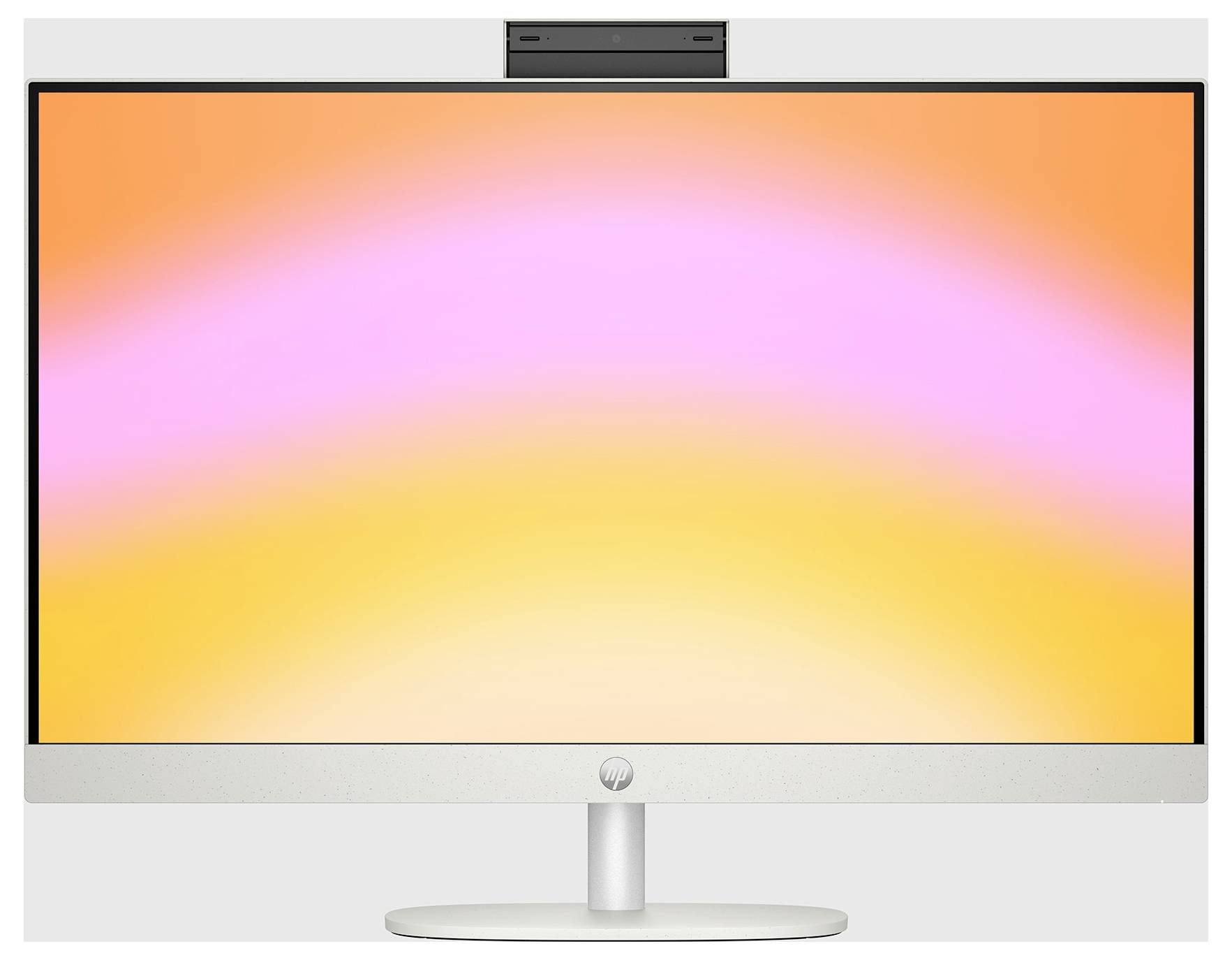 Ein Computer-Monitor mit einer frontal ausgerichteten Kamera zeigt einen Hintergrund mit Farbverlauf, der von Rosa oben nach Gelb unten übergeht.