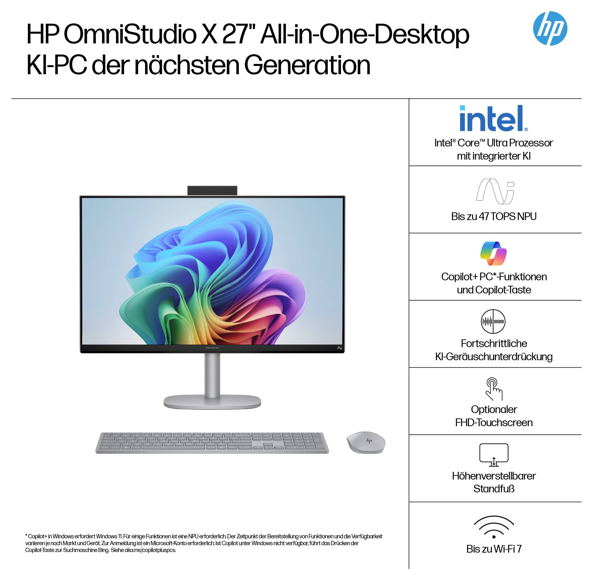 Ein schlanker HP OmniStudio X 27-Zoll-All-in-One-Desktop mit hellem Bildschirm, Tastatur und Maus. Deutsche Texthinweise betonen den KI-Prozessor und die Funktionen.