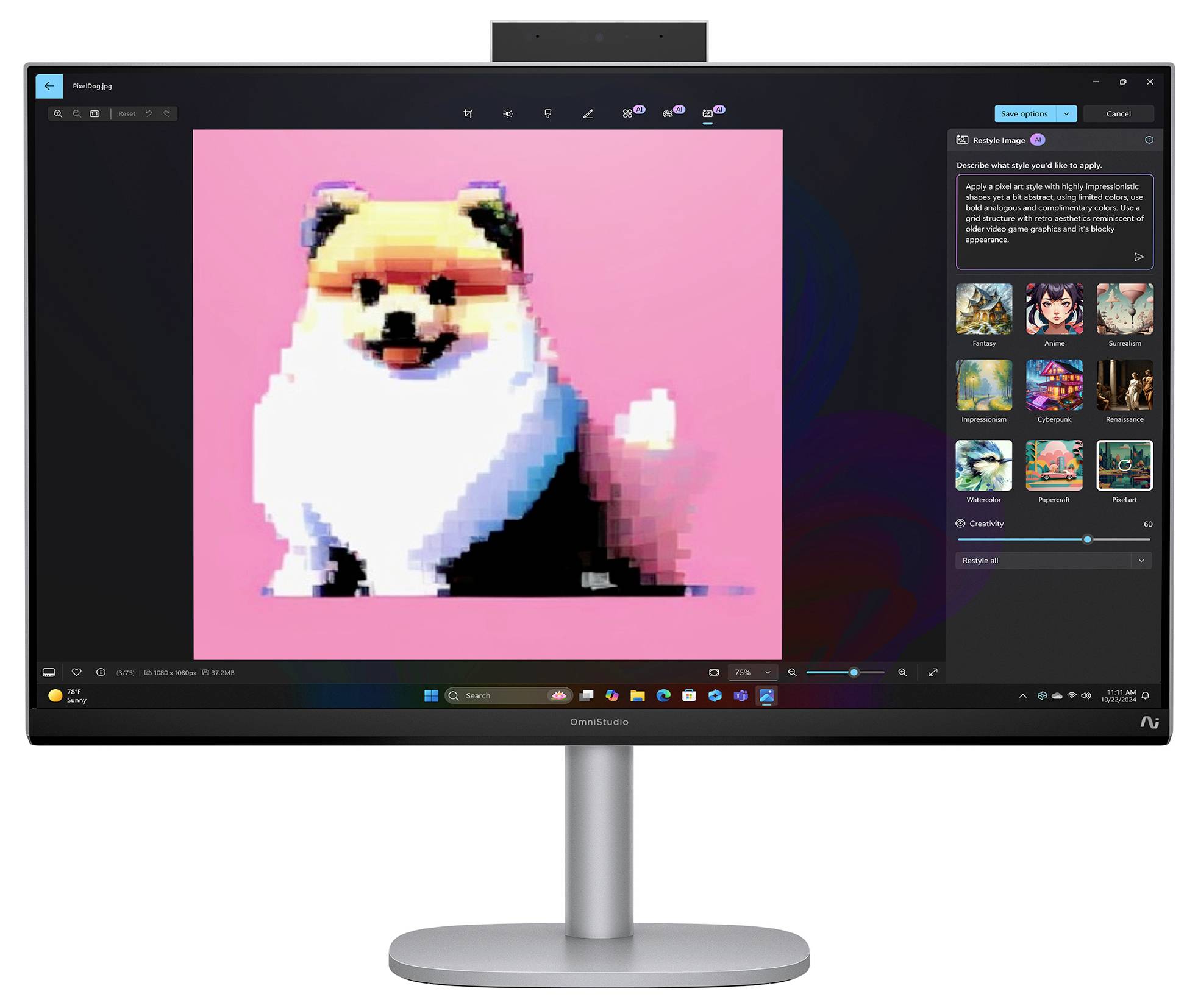 Ein Computerbildschirm zeigt Pixel-Art eines Hundes vor einem rosa Hintergrund, wobei die Benutzeroberfläche einer Bildbearbeitungssoftware sichtbar ist.