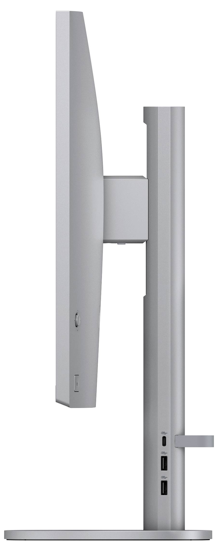 Seitenansicht eines dünnen silbernen Computermonitors auf einem Ständer, der USB-Anschlüsse an der Basis zeigt.