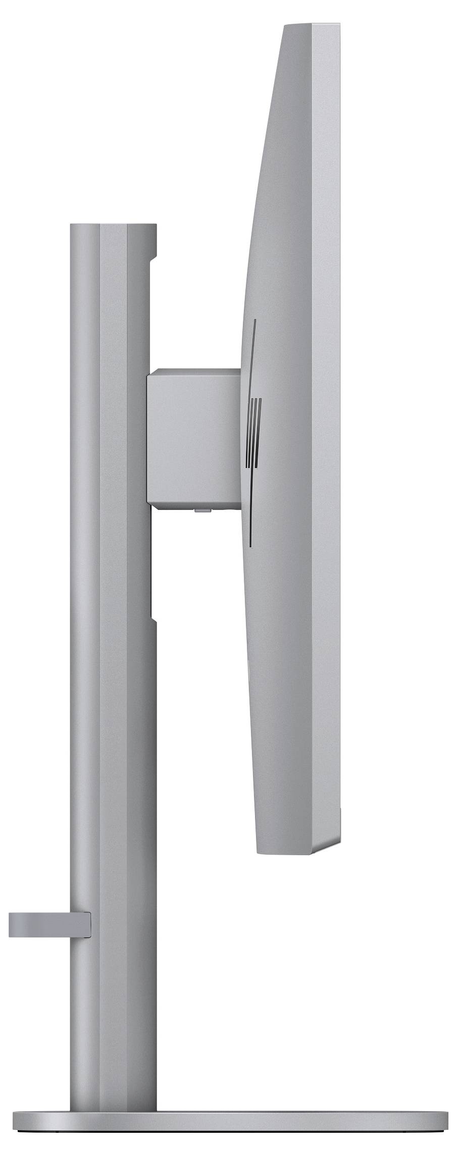Seitenansicht eines modernen, dünnen Computermonitors auf einem vertikalen Ständer, der seine schlanke Silhouette und minimalistisches Design präsentiert.